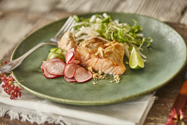 Macadamia und Miso glasierter Lachs mit Gewürzgurken, Salat und veganer Mayonnaise